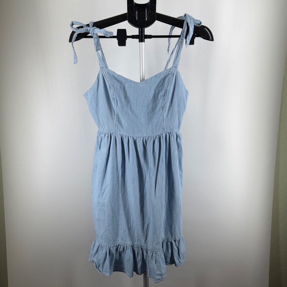 Old Navy Light Wash Chambray Tie Shoulder Ruffle Mini Dress Blue Womens Medium